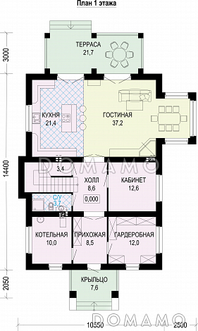 Проект двухэтажного особняка из газобетона с мансардой / План 1 этажа