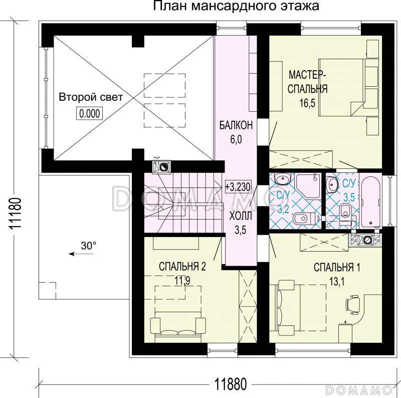 Проект дома с тремя спальнями на мансарде, вторым светом и комнатой на первом этаже / План мансардного этажа