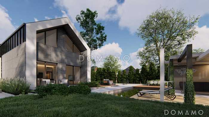 Проект загородного дома в современном стиле с комнатой и гардеробом на первом этаже, тремя спальнями на мансарде, просторной обеденной зоной