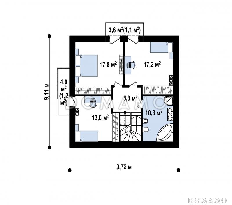Проект загородного дома с террасой, кухней с кладовой, тремя спальнями с балконами на мансарде / План мансардного этажа