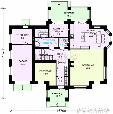 Проект дома из пеноблоков с гаражом, кабинетом и игровой комнатой / План 1 этажа