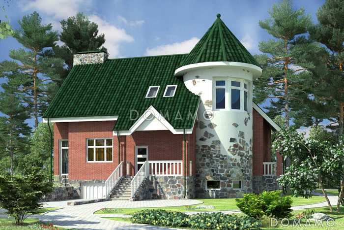 Дом с башней и зеленой крышей, с цокольным этажом, гаражом на одну машину