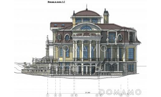 Проект парадного коттеджа с красивым холлом и террасой / Фасад 2