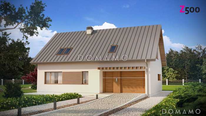 Проект одноэтажного мансардного дома из кирпича с кабинетом, открытой угловой террасой и гаражом