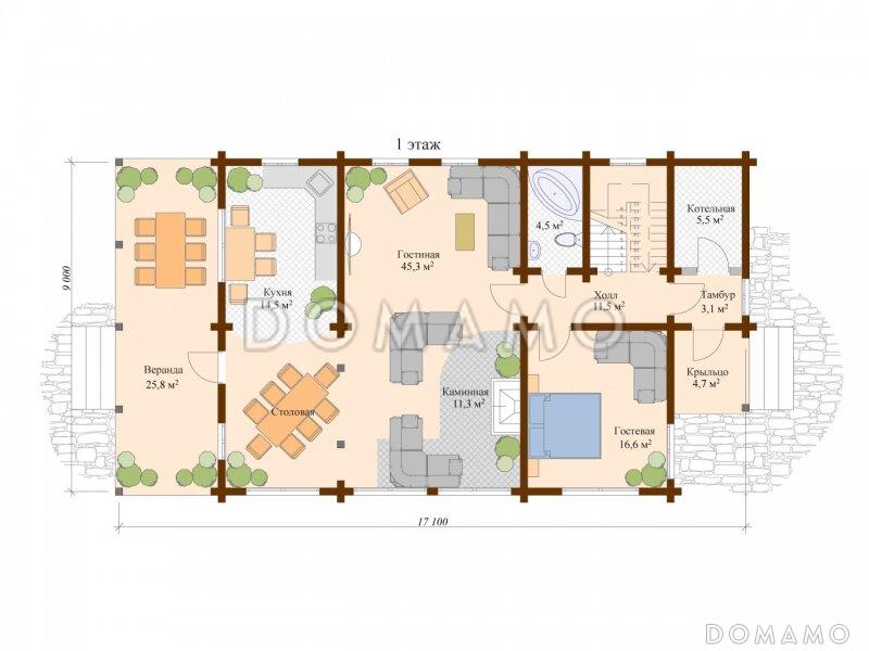 Проект деревянного дома с каминной / План 1 этажа