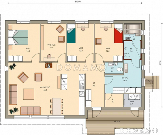 Проект каркасного дома с четырьмя изолированными комнатами / План 1 этажа