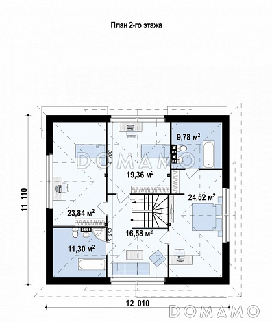 Проект одноэтажного мансардного коттеджа из газобетона с большой площадью остекления в гостиной, кабинетом и гаражом, для сейсмических районов  / План мансардного этажа