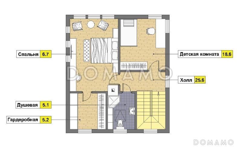 Проект каркасного дома с навесом для одной машины и двумя спальнями на мансардном этаже / План мансардного этажа