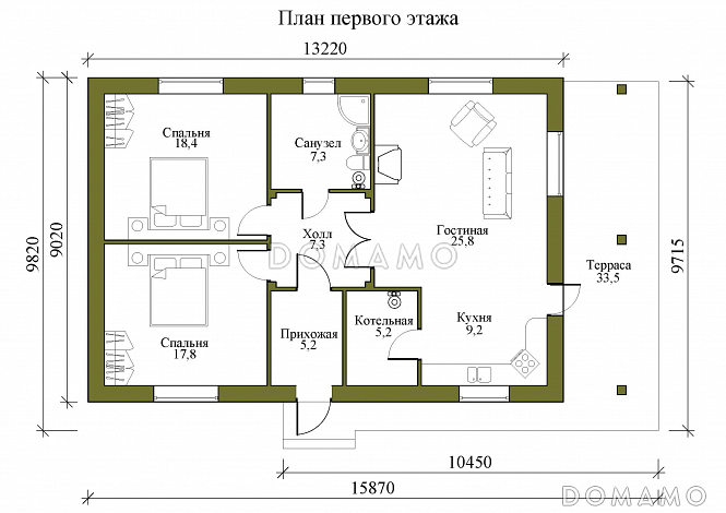 Проект одноэтажного дома с камином в гостиной и крытой террасой / План 1 этажа