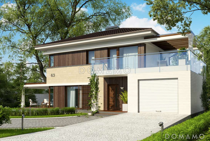 Проект современного двухэтажного дома из газобетона с четырёхскатной крышей с кабинетом, гаражом и крытыми террасами на обоих уровнях