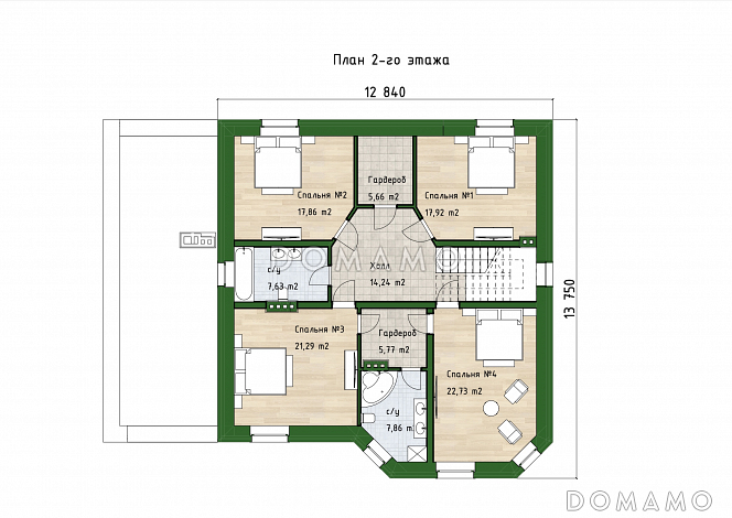 Проект кирпичного дома с 2 эркерами, 5 спальнями и гостиной с камином / План 2 этажа