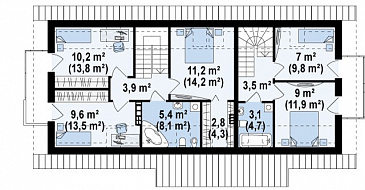 Проект одноэтажного мансардного дома из газобетона с отдельными входами для двух семей / План мансардного этажа