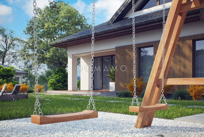 Проект одноэтажного дома из кирпича с тремя спальнями и треугольным окном на чердаке