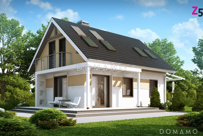 Проект одноэтажного мансардного дома из газобетона с балконом и навесом для автомобиля