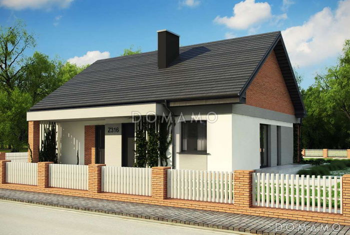 Проект простого уютного одноэтажного дома из кирпича с двумя спальнями и возможностью обустройства мансарды