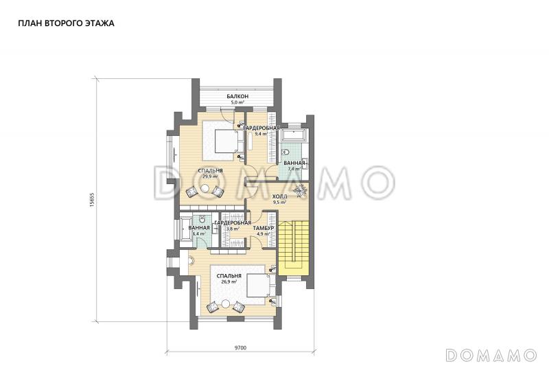 Проект дома из газобетона с мастер-спальней, СПА зоной, крытой террасой и автонавесом / План 2 этажа