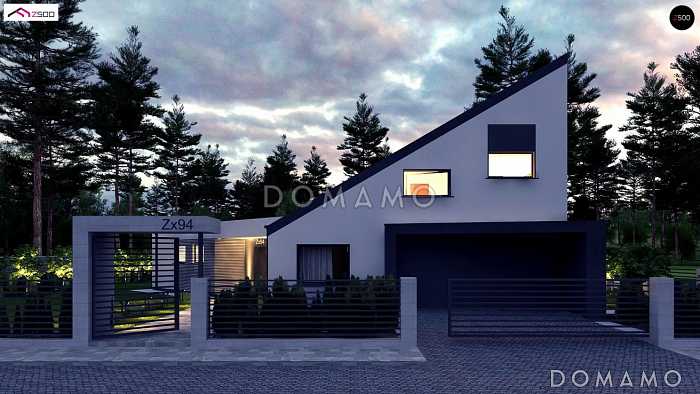 Проект современного одноэтажного дома из кирпича с односкатной крышей, вторым светом и гаражом