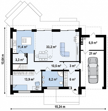 Проект одноэтажного коттеджа из кирпича с мансардным этажом со вторым светом, большим панорамным окном и гаражом / План 1 этажа