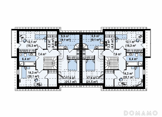 Проект современных мансардных домов-близнецов из газобетона с гаражом, тремя спальнями и балконом / План мансардного этажа