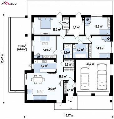 Проект квадратного одноэтажного дома из газобетона с четырьмя комнатами и гаражом для большой семьи / План 1 этажа