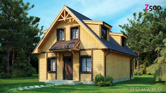 Проект компактного одноэтажного мансардного дома из кирпича с барбекю на крытой террасе