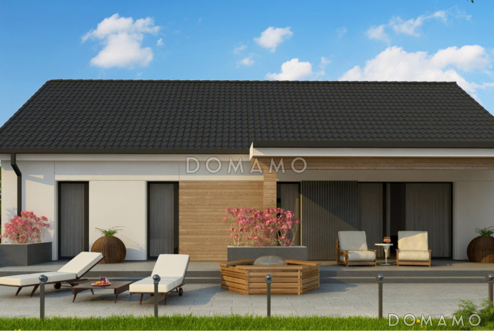 Проект одноэтажного дома с разделением спален и дневной зоны, террасой, угловой кухней