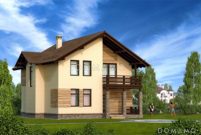 Проект квадратного коттеджа с облицовкой клинкером слоновая кость