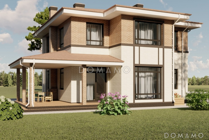 Проект двухэтажного дома из газобетона с двумя каминами на большой террасе и в гостиной