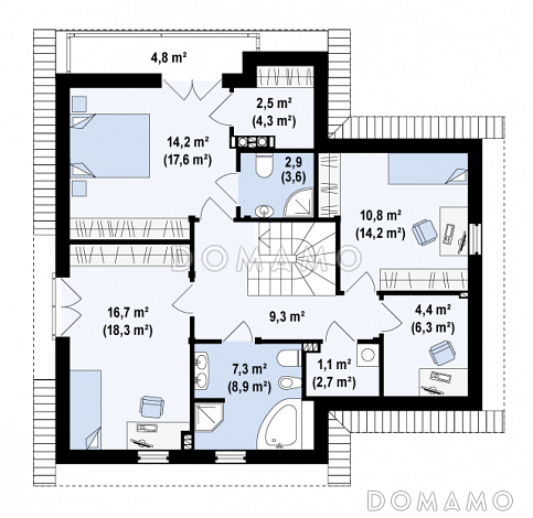 Проект мансардного дома из газобетона с тремя спальнями и кабинетом, балконом и гаражом  / План мансардного этажа