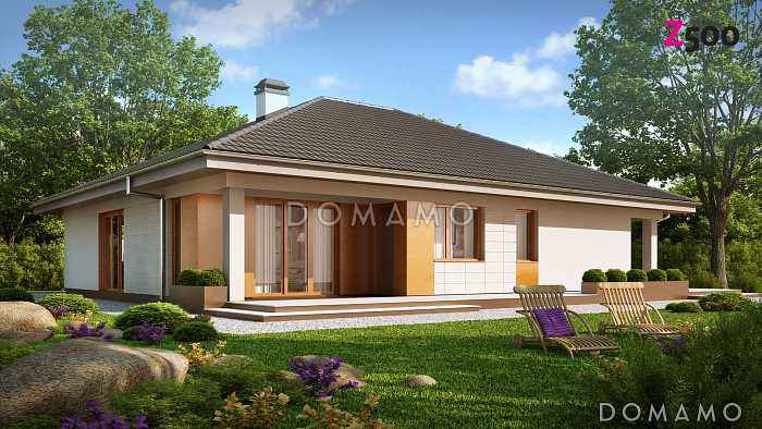 Проект одноэтажного дома из кирпича с выходом на террасу из гостиной и двух спален и с гаражом на два автомобиля