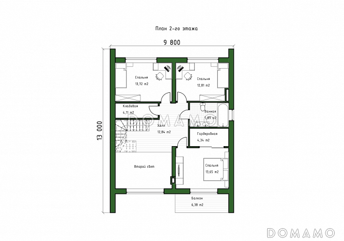 Проект двухэтажного дома в стиле барнхаус с 4 спальнями, вторым светом, крытой террасой и автонавесом / План 2 этажа