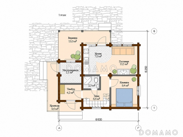 Проект дома из клееного бруса с ленточно-свайным фундаментом / План 1 этажа