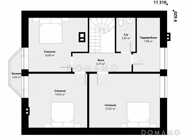 Проект дома с 4 спальнями, эркером в гостиной, террасой и пристроенным гаражом / План мансардного этажа