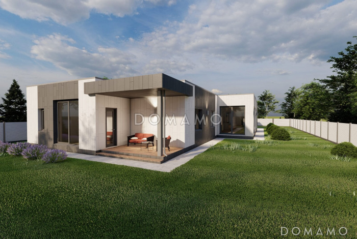 Проект одноэтажного дома с мастер-спальней, двумя детскими, гаражом, навесом и верандой