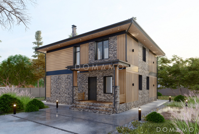 Проект двухэтажного дома из газобетона с окнами в пол и вторым светом