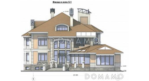 Проект коттеджа с двусветной гостиной, бассейном и зимним садом / Фасад 2