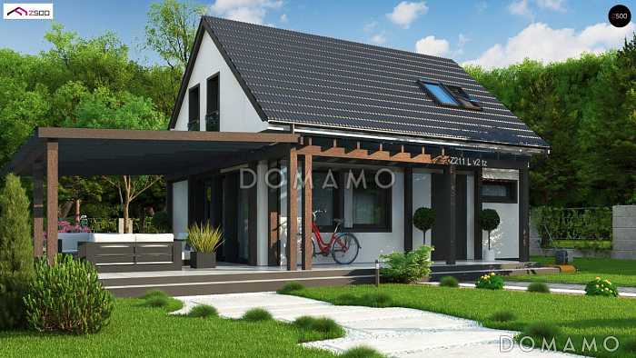 Проект компактного одноэтажного мансардного дома из газобетона с дополнительной спальней на первом этаже и большой крытой террасой