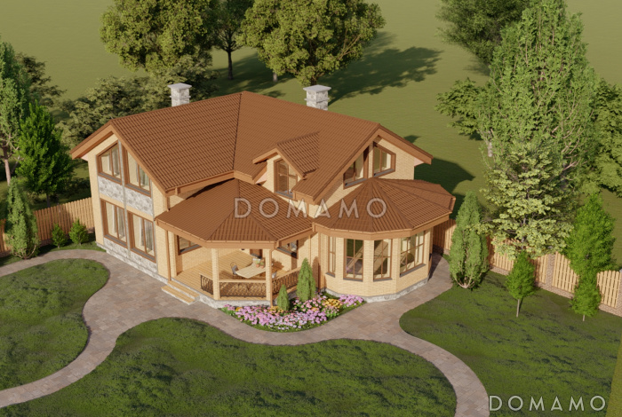 Проект двухэтажной бани с остекленной гостиной, просторной верандой и игровой