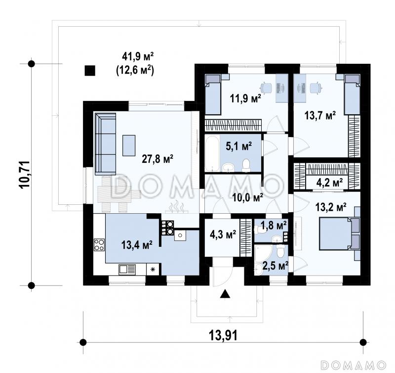 Проект одноэтажного дома с функциональной планировкой, светлыми помещениями, хозяйской спальней, гостиной с камином / План 1 этажа