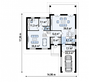Проект необычного трёхуровневого дома из газобетона с бильярдной, тремя спальнями и гаражом  / План 1 этажа