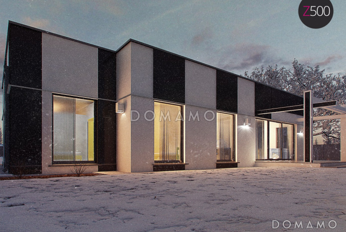 Проект современного одноэтажного дома из кирпича со светлой просторной гостиной и тремя спальнями в стиле хай-тек