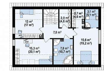 Проект одноэтажного мансардного дома из газобетона в современном стиле, со встроенным гаражом / План мансардного этажа