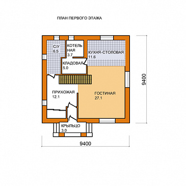 Проект дома из газобетона 9х9 / План 1 этажа