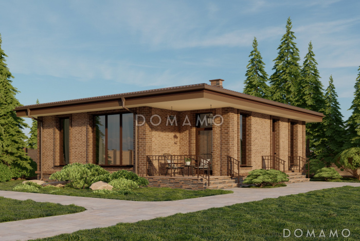 Проект небольшого одноэтажного дома с двумя спальнями и просторной кухней-гостиной