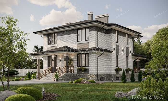 Проект большого двухэтажного дома в стиле Райт с подвалом, большой крытой террасой и балконом на втором этаже