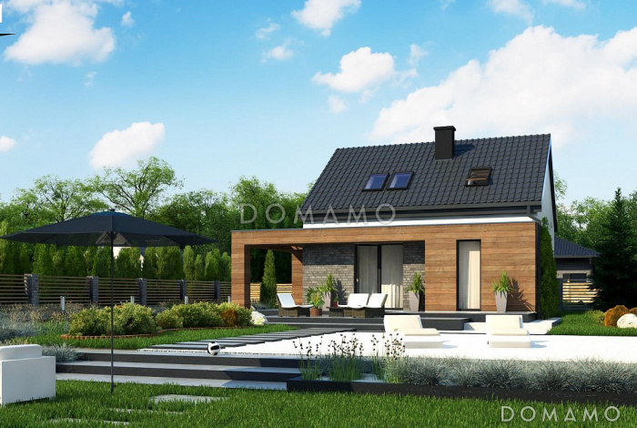 Проект компактного одноэтажного мансардного дома из газобетона с кабинетом и двумя спальнями