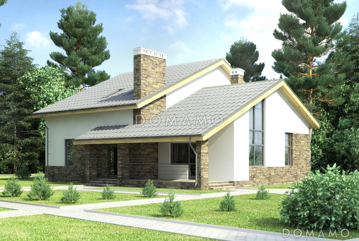 Проект дома с гаражом на одну машину, кухней-столовой с выходом на террасу, спальней на первом этаже, вторым светом