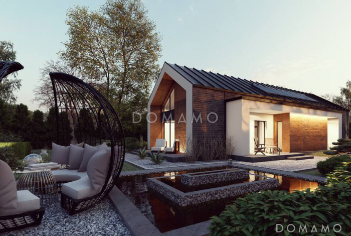 Проект загородного дома для узкого участка с террасами, двумя санузлами, объединенной кухней и гостиной