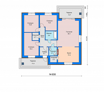Проект дома с кладовой в кухне, двумя террасами, просторной гостиной / План 1 этажа