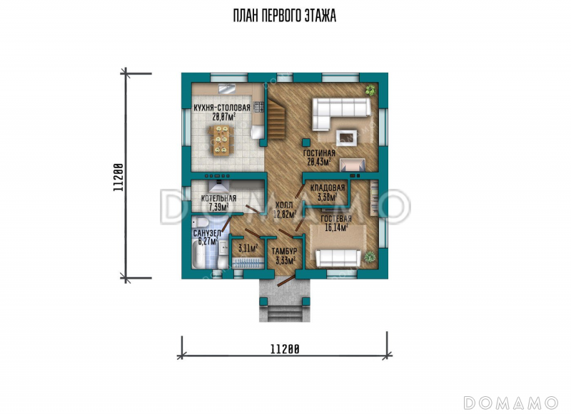 Проект одноэтажного дома с мансардой и тремя спальнями / План 1 этажа
